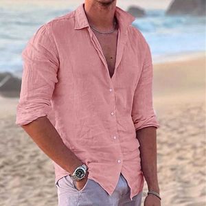 Polo's van heren van hoge kwaliteit 100% pure katoenen linnen shirt Heren Casual losse top lange mouwen T-shirt zomer- en herfst strandvakantie heren shirtl2405