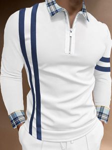 Polos pour hommes Haute qualité Automne Hommes T-shirts Polos Rayé Casual Manches Longues Chemises Pour Hommes Col Rabattu Fermeture À Glissière Patchwork Polo 230901