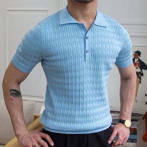 Polos pour hommes de haute qualité bleu jacquard revers à manches courtes polo d'été affaires simple revers mince polo britannique confortable t-shirt hommes 230316