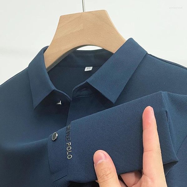 Polos pour hommes de haute qualité Polo en soie de glace Automne Revers Imprimer Manches longues Tendance de la mode britannique Business Vêtements décontractés