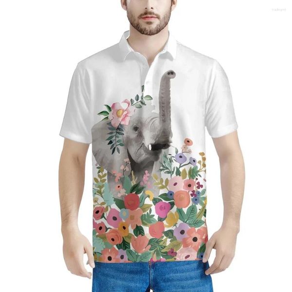 Polos para hombres Patrones interesantes Elefantes Flor rosada Camisas polo de manga corta para hombre ocasionales Diseño vuelto hacia abajo Ropa de calle para hombres Fiesta en la playa