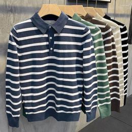 Polo da uomo stile coreano primavera autunno manica lunga lavorata a maglia polo da uomo colletto rovesciato a righe casual