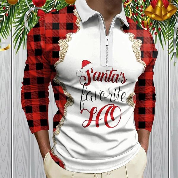 Polos para hombres Solapa Media cremallera Hombres Camisa de Navidad Manga larga Vacaciones de invierno Rojo Negro Plaid Clásica Blusa de impresión vintage