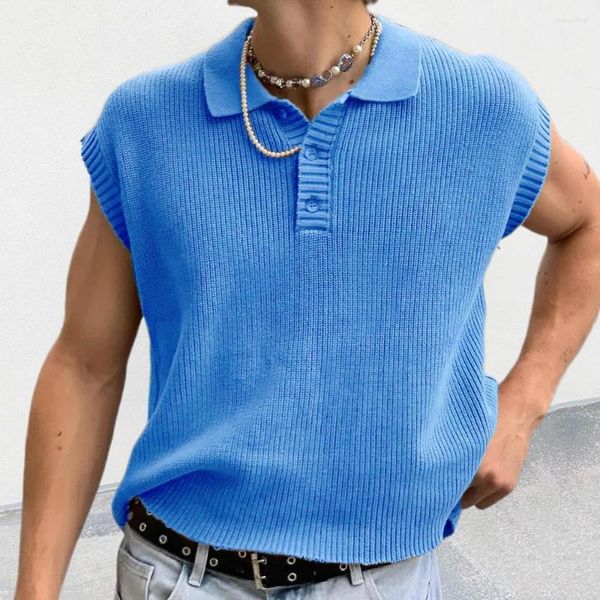 Polos de ocio para hombre, camisetas tejidas sólidas, camisetas polo de punto con cuello vuelto de verano 2023, jersey abotonado sin mangas a la moda Unisex