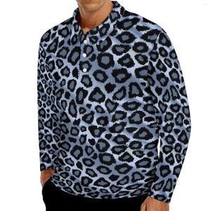 Polos pour hommes imprimé animal léopard polo hommes bleu et gris décontracté printemps col cool manches longues t-shirts surdimensionnés personnalisés