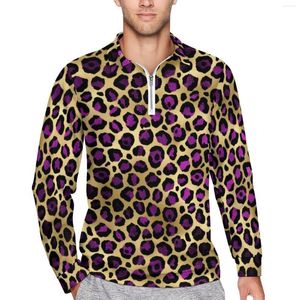 Polos para hombre Polo suelto con estampado de leopardo Camisetas casuales de manga larga moradas y doradas para hombre Diseño de otoño de calle Tallas grandes 4XL 5XL