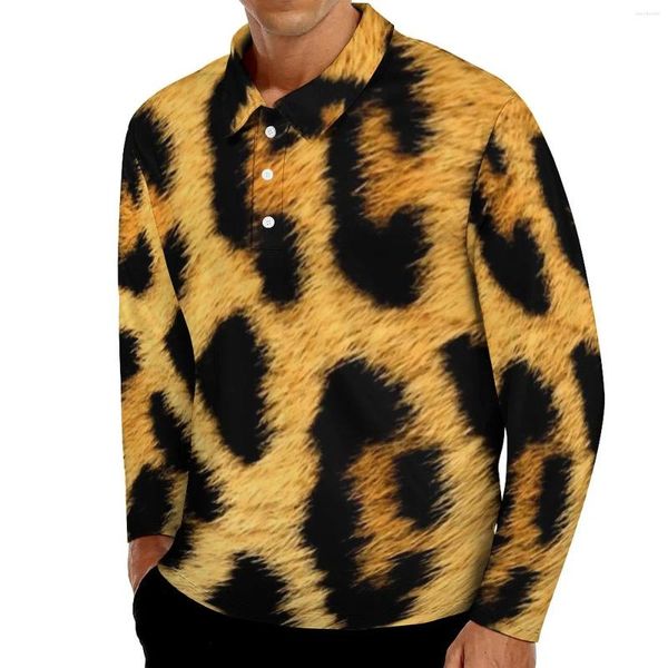 Polos para hombre, Polo con estampado de leopardo, moda para hombre, informal, otoño, ropa de calle con cuello, camisetas de gran tamaño con gráfico de manga larga