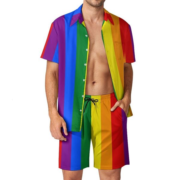 Polos pour hommes LGBT arc-en-ciel hommes ensembles gay fierté drapeau imprimé chemise décontractée ensemble hawaï vacances shorts costume d'été 2 pièces grande taille 2XL 3XL 230310