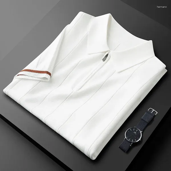 Polos pour hommes Light Luxury Diamond Hollow-Out T-shirt tricoté pour hommes 2024 Mode d'été Demi-Zip Revers Top Respirant Élastique À Manches Courtes