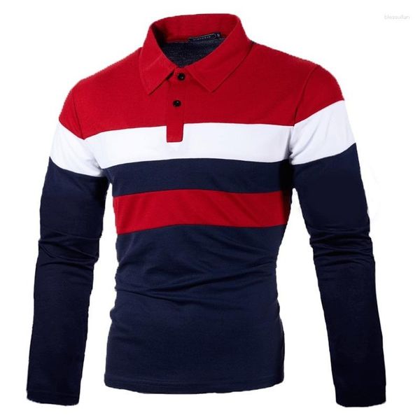 Polos pour hommes à manches longues trois couleurs Patchwork chemise mode col rabattu Slim Fit affaires revers formel