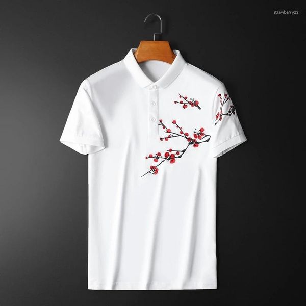 Polos de lujo para hombre, Boutique, bordado de flores de ciruelo, camiseta polo de verano, camiseta de manga corta, Top de solapa de tendencia de ocio juvenil de alta calidad