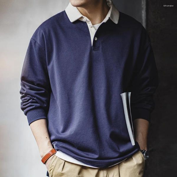 Polos masculins Maden American rétro à contraste tricoté Polo Sweatshirt College Style T-shirts à manches longues
