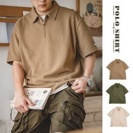 Heren Polo's Maden Japanese Vintage Waffle Polo Shirt For Men 330G zwaargewicht halve zip t-shirt casual revers shirt met korte mouwen zomer tops 230421
