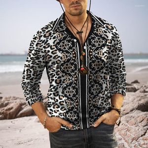 Polos para hombre, camisa POLO con botones de manga larga para hombre, Top informal deportivo de poliéster de alta calidad con estampado de leopardo en 3D delgado