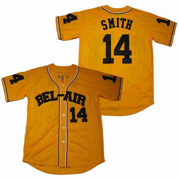 Men's Polos Men Jerseys de béisbol Fresh Prince Bel-Air 14 Smith Coser Bordado de alta calidad Supería al aire libre Amarillo