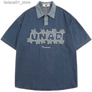 Polos para hombres Hombres Camisa de mezclilla Abrigos Streetwear Harajuku Letra Parche Diseños Bordado Manga corta Jean Camisas Hombres Moda Algodón Tops Azul Q240218