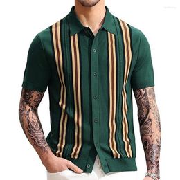 Polos masculinos malhas de manga curta camisa polo casual fino ajuste terno colarinho botão respirável verão topo listra verde contraste