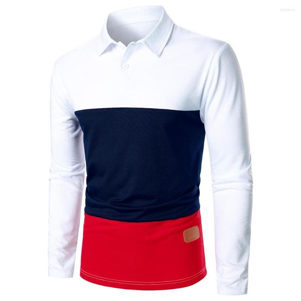 Polos para hombres Hombres Polo de manga larga Polo de tres colores Empalme Etiqueta de cuero Decoración Otoño Invierno Streetwear Moda casual