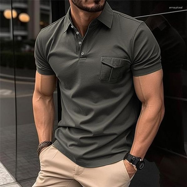 Polos para hombres Men Polo Camisa de moda Mangas cortas Mangas cortas Botón de solapa casual Manga de verano Figura delgada Trabajo de rutina transpirable Trabajo