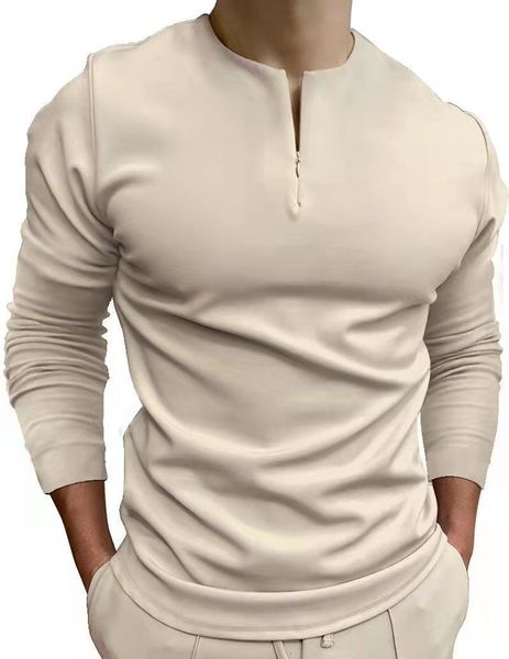 Polos para hombres Polos para hombres Camisa polo casual para hombres Caqui Sin cuello Manga larga Diseño con cremallera Top Harajuku Hombres Ropa de calle Moda para hombres S-3XL 230215