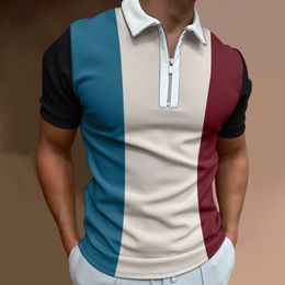Heren PoloS Heren Solid Color Striped Polo Shirt Korte Mouw Golf Turn Down Collar Zipper Polo Shirt For Men Casual Streetwear Summer Tops 230417