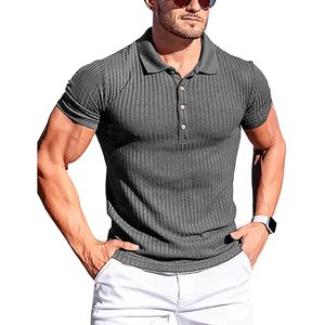 Polo's voor heren heren met schroefdraadpolo shirt zomer hardloop sportfitness puscle slimming korte mouwen t-shirt v-neck casual top 230412