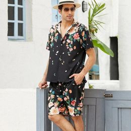 Polos masculinos homens camisas define havaí praia stiel impressão floral moda fina verão casual ao ar livre camisetas e calças curtas