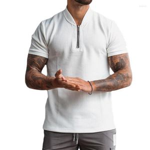 Polos pour hommes Hommes T-shirt Couleur unie Slim Fit Zipper Stand Col Manches courtes Summer Gym Man Pull Tops Blanc Mâle Vêtements Streetwear