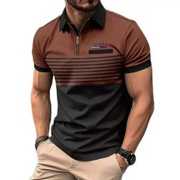 Polos masculins Fashion Polo décontracté poitrine Faux Pocket Pocket Flip Cold Zipper Business T-shirt 3D Stripe Top Print Tomny Q240509