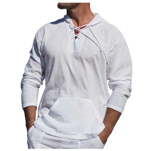 Heren polos heren hoodie lente/zomer casual mode katoenen linnen shirt klassieke solid kleur kant v-neck lange mouwen los fitting shirtl2405