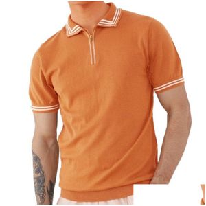 Heren Polo's Heren S Oranje Overhemd Zakelijk Mannelijke Turn-Down Shirts Zomer Gestreepte Slanke Tops Plevier Mannen Casual Knop Ontwerp Korte Mouw Dhft0
