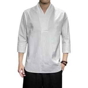 Polo's voor herenhoens Mens vast patroon V-neck een derde heren kimono shirt traditioneel straatkleding shirt Chinese stijl linnen shirtl2405