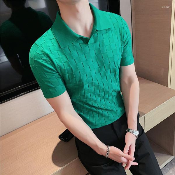 Men's Polos Mens T-shirts Noir / gris / vert Fashion d'été Polo à plaid sexy pour hommes vêtements étirés slim ajustement décontracté à manches courtes Homme B8be B8be