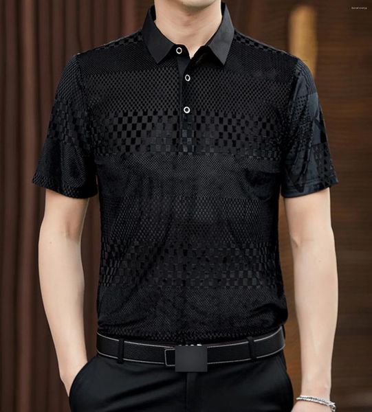 Polos para hombre Vintage Hollow Out Patrón a cuadros Malla Sexy Slim Fit Cool Manga corta Polo Shirt Night Clubwear