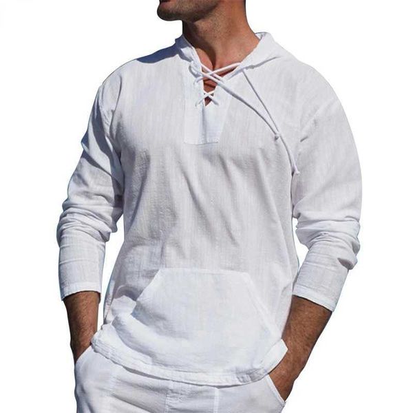 Polos masculins Homme en coton à capuche blanche chemise de lin 2022 Casual Lace Beach yoha shirt mens décontracté léger léger