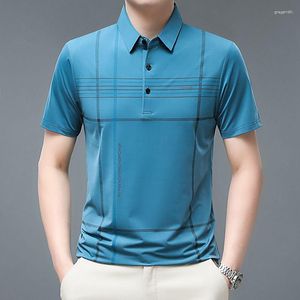 Polos pour hommes coton mercerisé T-shirt à manches courtes coréen rayé Polo tendance soie glacée glissant mince d'âge moyen