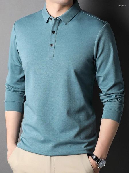 Polos pour hommes T-shirt à manches longues en soie de mûrier 2024 Été Couleur unie Vêtements à revers Version coréenne de chemises décontractées d'affaires