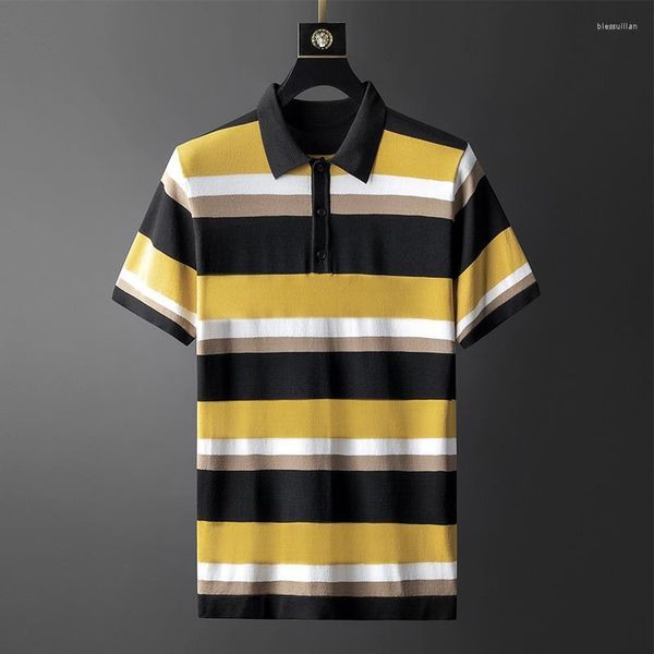 Polos para hombre MuLS Brand Men Shirt Hombre Summer Striped Knitted Sweater Pullover Trun-down Collar Transpirable Yellow Red TopsMen's Men'sMen's Bl