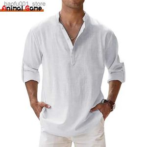 Polos masculine New Cotton Linen Mens Casual Shirt Lightweight Long Long Henry Beach Shirt Hawaiian Mens Shirt Q240530