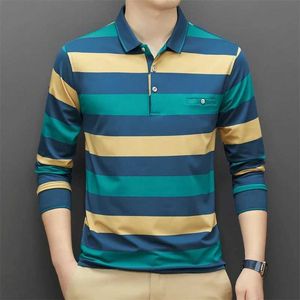 Herenpolo's nieuwe heren casual streep plaid lange slve polo shirt mode mode solide polo top y240510wv2m