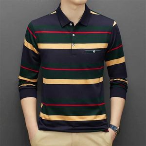 Herenpolo's nieuwe heren casual streep plaid lange slve polo shirt mode solide polo top y240510n9u3