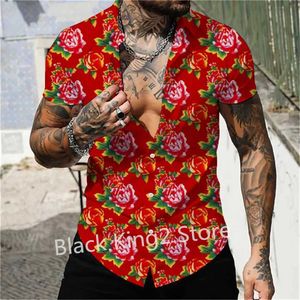 Polos masculins New Northeast Big Flower Design Mens Mens Shirt Chinese Style Short Slve Button Tops Trend Strtwear Casual Oversize Men Vêtements T240505