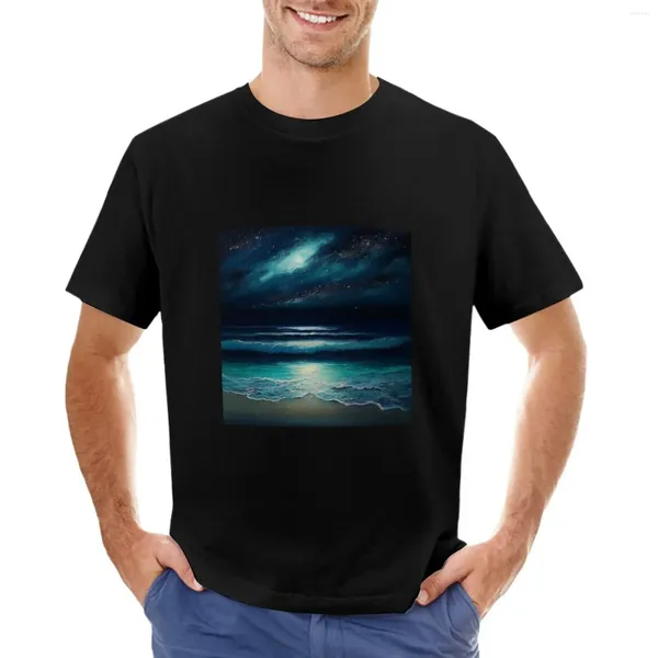 Polos pour hommes Peinture à l'huile de l'océan tranquille et du bord de mer sous les étoiles de la lune. T-shirt à téléchargement numérique instantané d’impression d’art mural