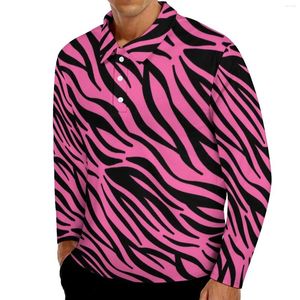 Polos para hombre, polos con estampado de cebra rosa, camisa informal de rayas negras diarias, cuello de manga larga, camisetas de gran tamaño con patrón de estilo callejero