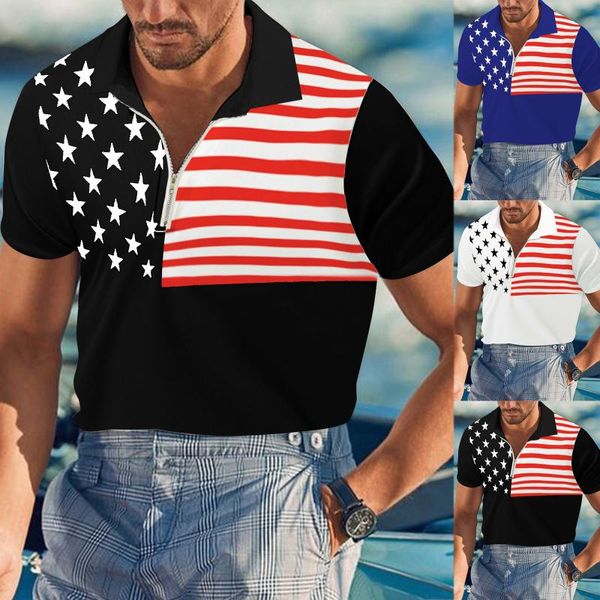 Polos pour hommes t-shirts unis pour hommes printemps et été mode lâche revers fermeture éclair 3D impression numérique jour de l'indépendance chemise blanche pour hommes