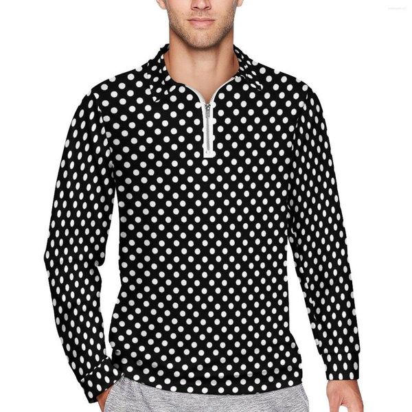 Polos para hombre Camisas polo con estampado de lunares Camisa informal en blanco y negro para hombre Camisetas con cuello elegante de primavera Diseño de manga larga Tops de gran tamaño