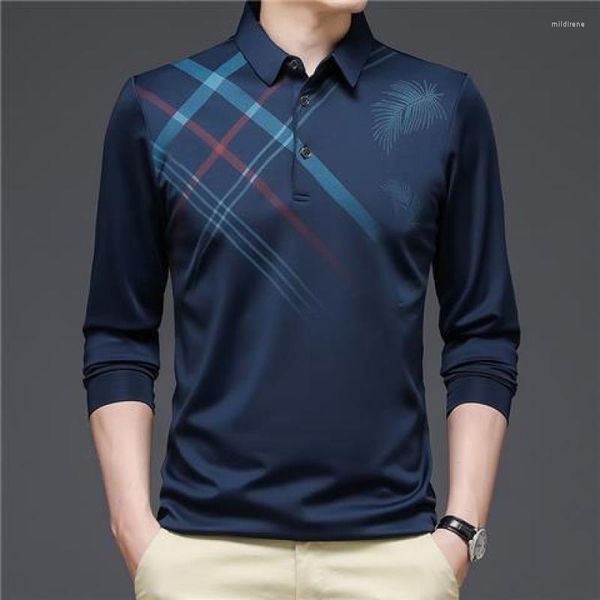 Polos para hombre, Polo de manga larga con cuello vuelto, camiseta de primavera y verano, jersey de estilo superior, camisetas con cuello en V, ropa con botones, estampado holgado