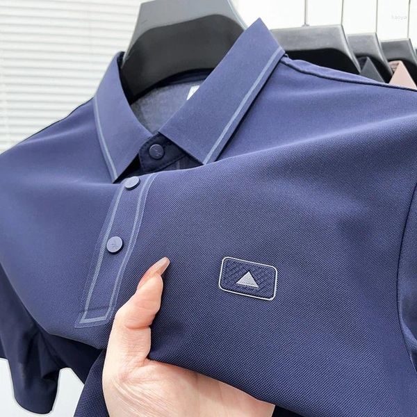 Polos pour hommes Polo en soie glacée brodé T-shirt à revers mode de loisirs européenne sans trace à manches courtes été Ropa