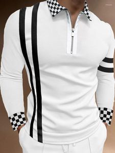 Polos pour hommes Polo Zipper Revers Plaid Stitching Men's manches longues Spring Summer Business Casual Straight Fashion Pullover Top