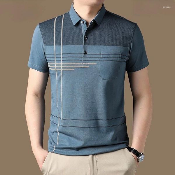 Polos para hombres Camisas polo para hombres Camisetas de manga corta de verano Bolsillos con botones a rayas de algodón Moda Comodidad Cuello vuelto Tops casuales